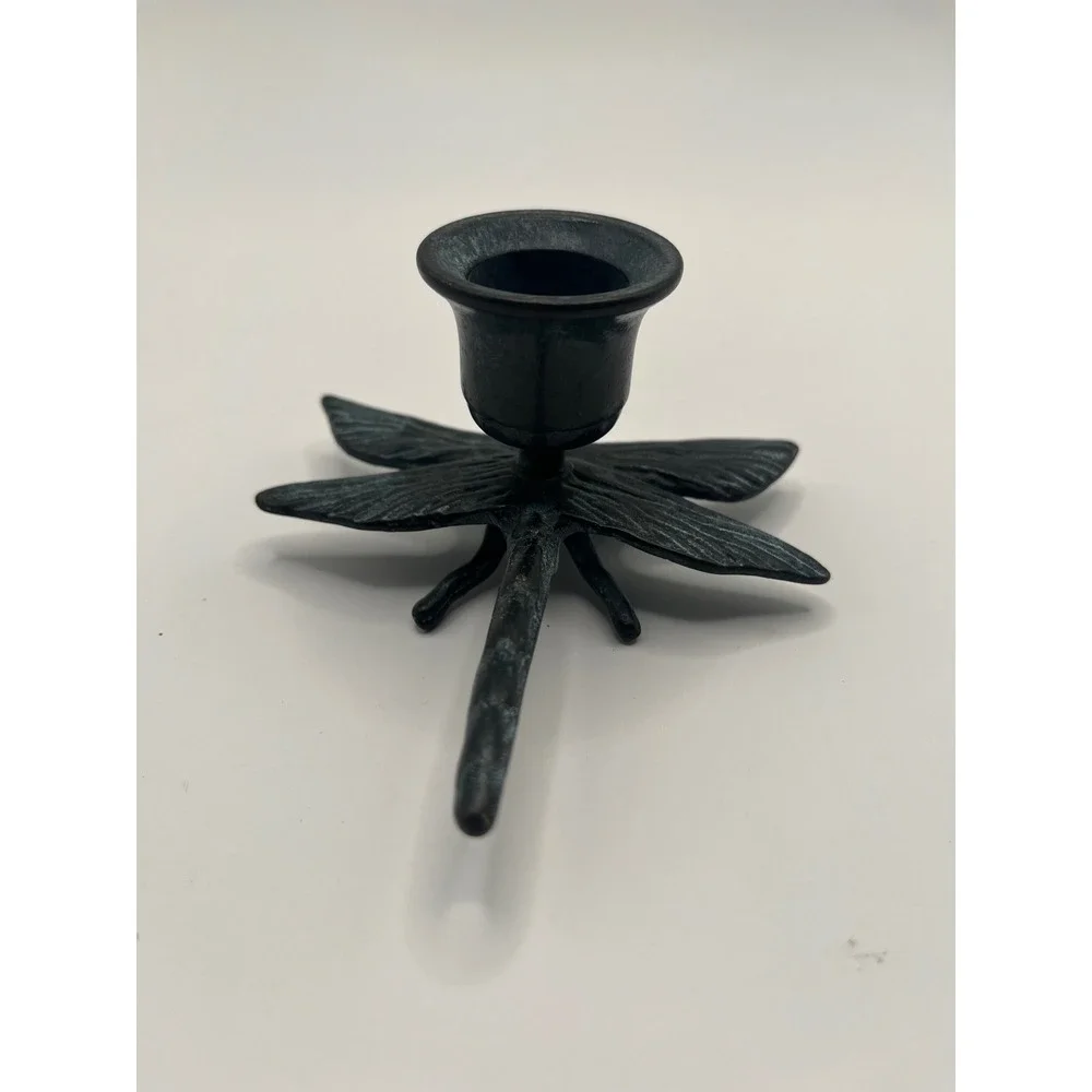Vintage Style Cast Iron Dragonfly Taper Candle Holder Verdigris Black Metal 4in